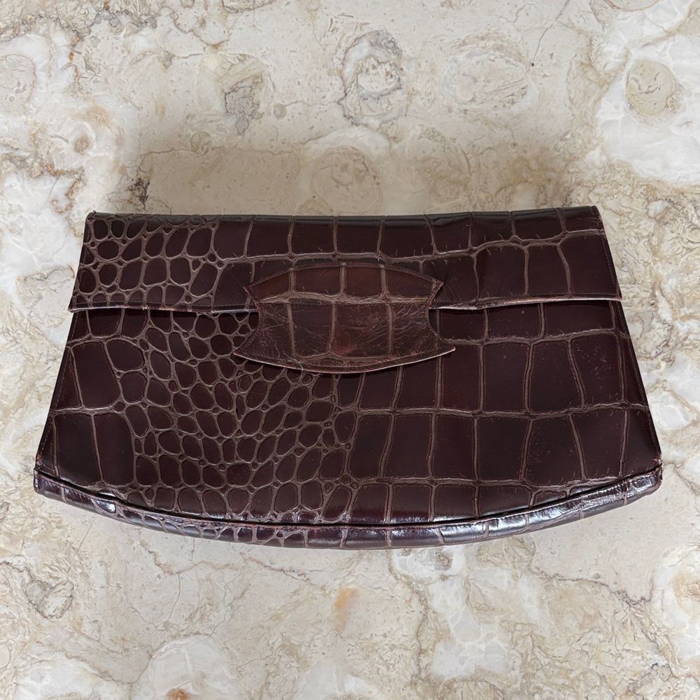 Vintage 60s Croc Embossed Leather Large Clutch Bag